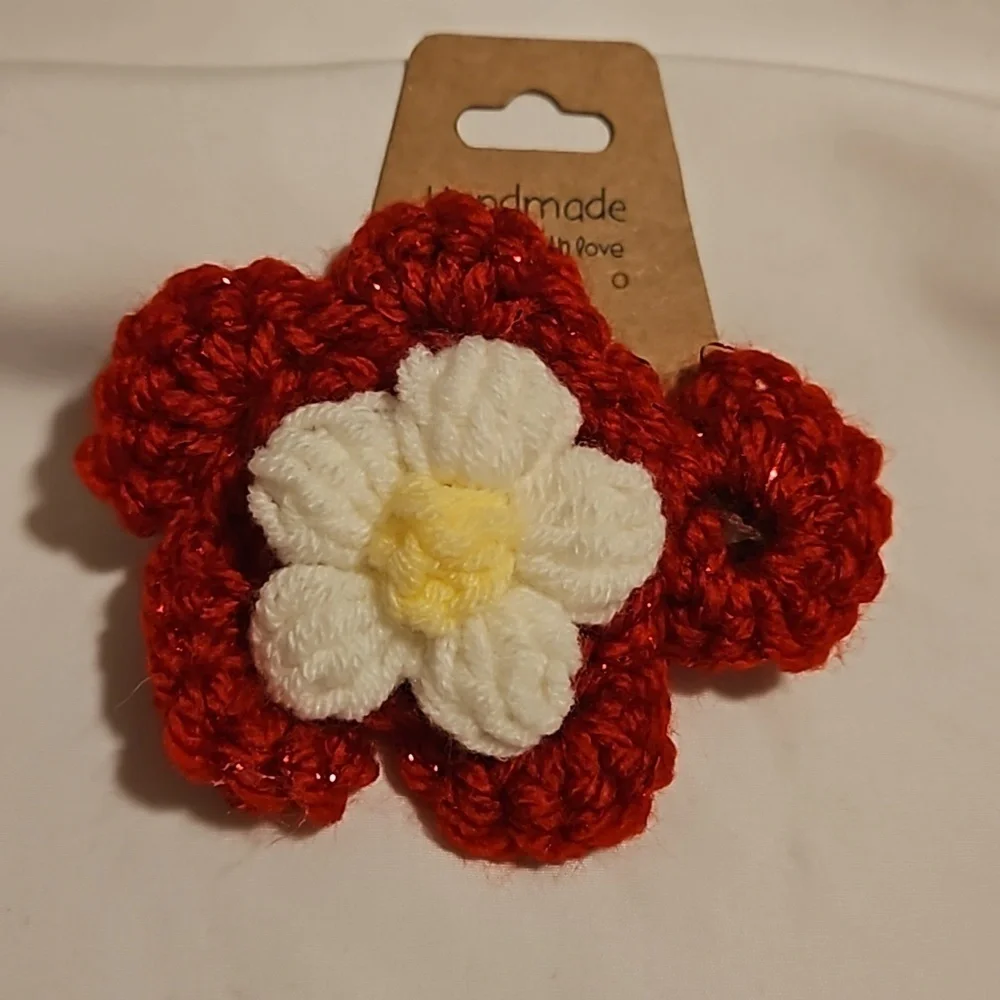 Hand Crafted Hand Knit Crochet Red White yellow puffy flower TikTok fashion bow